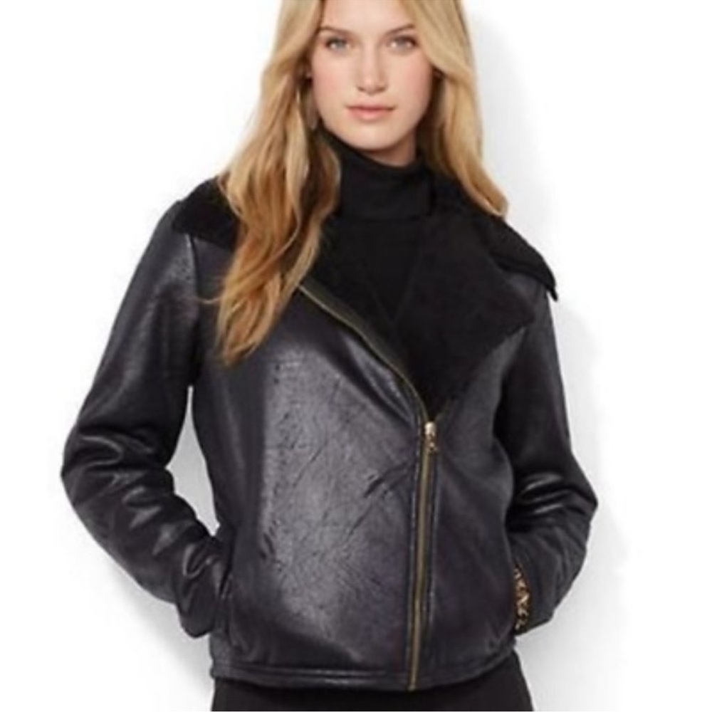 Lauren Ralph Lauren Women's Black Faux Shearing Motorcycle Jacket Size: M
